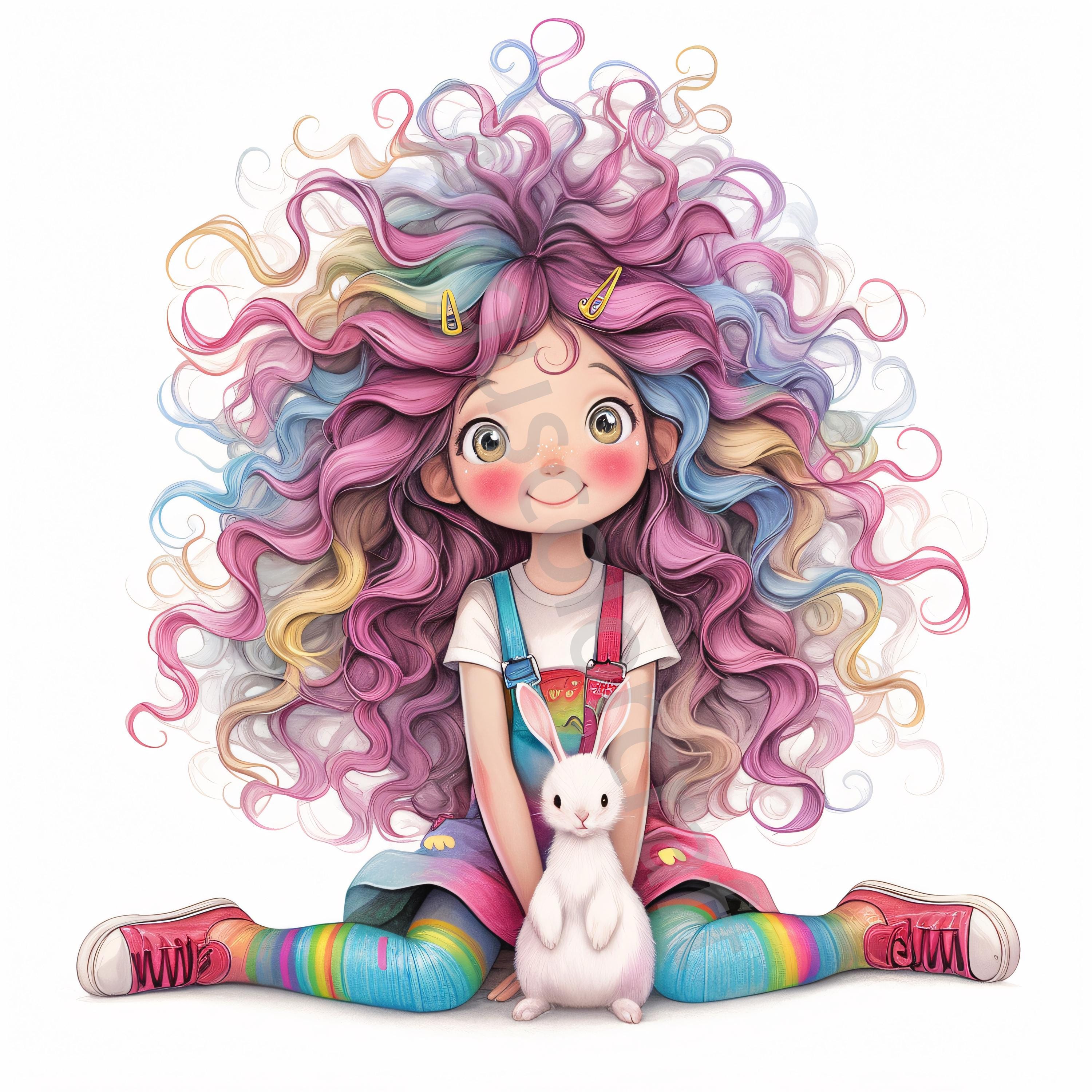 10 Quirky Girl With Bunny Clip Art, Commercial Use, Whimsical Ephemera ...