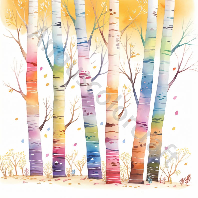 Pu&ograve; includere: Un dipinto ad acquerello di una foresta con betulle colorate. Gli alberi sono dipinti in tonalit&agrave; di rosa, viola, blu, verde e giallo. Lo sfondo &egrave; giallo chiaro.
