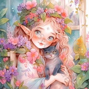 Puede incluir: Una joven con cabello rubio y una corona de flores sostiene un gato gris. La niña lleva un vestido blanco con estampados florales. El fondo es una pintura de acuarela de flores y vegetación.