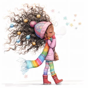 Pode incluir: Uma menina jovem com cabelo longo e encaracolado castanho usa um chap&eacute;u rosa, um cachecol arco-&iacute;ris e um casaco rosa. Ela est&aacute; soprando em uma lufada de ar branco e flocos de neve caem ao redor dela.