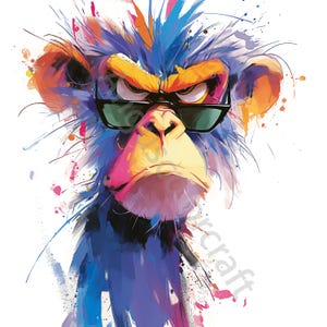 May include: A colorful, abstract painting of a monkey wearing sunglasses. The monkey has a serious expression and is looking directly at the viewer. The background is a white canvas with splashes of color.