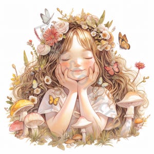 May include: A young girl with long brown hair is surrounded by flowers and mushrooms. She is wearing a white shirt and has her eyes closed. The image is painted in a soft, whimsical style.