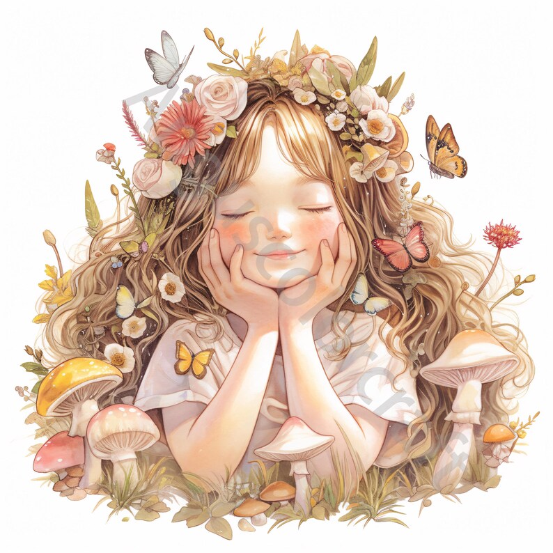 May include: A young girl with long brown hair is surrounded by flowers and mushrooms. She is wearing a white shirt and has her eyes closed. The image is painted in a soft, whimsical style.