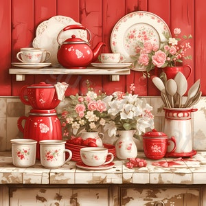 Shabby Chic Retro Red Pink Kitchen Clipart Bundle- 11 JPG de acuarela de alta calidad- Elaboración, Diario, Suministro de álbumes de recortes, Descarga digital