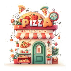 Whimsical Pizza Shop Watercolor Clip Art, Junk Journal, Card Making (10 JPG Digital Download) image 9