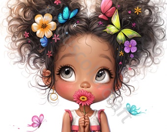 13 JPGs Quirky Black Girl Clipart, Uso comercial, Ephemera caprichosa, Clipart de menina africana de flor em aquarela, Download instantâneo, Papel artesanal