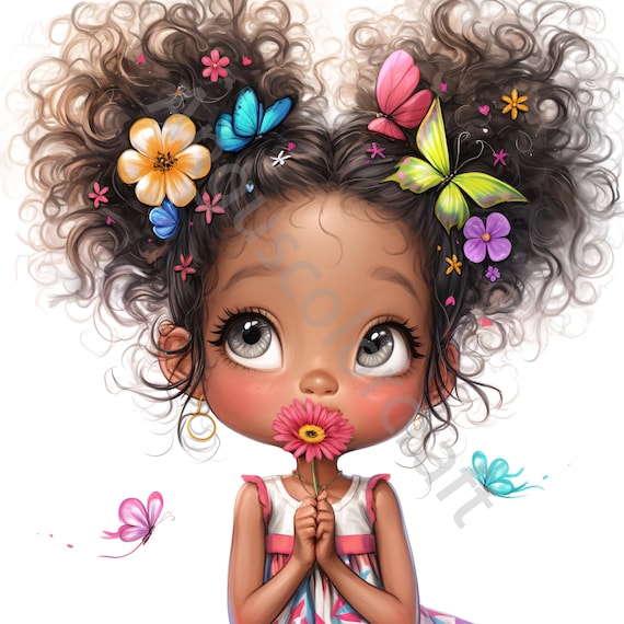 13 JPGs Quirky Black Girl Clipart, Commercial Use, Whimsical Ephemera, Watercolor Flower African Girl Clipart, Instant Download, Paper Craft