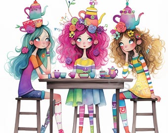May include: Three girls with colourful hair and teapots on their heads are sitting at a table with teacups and a teapot. They are wearing colourful clothing and have bright, happy expressions.