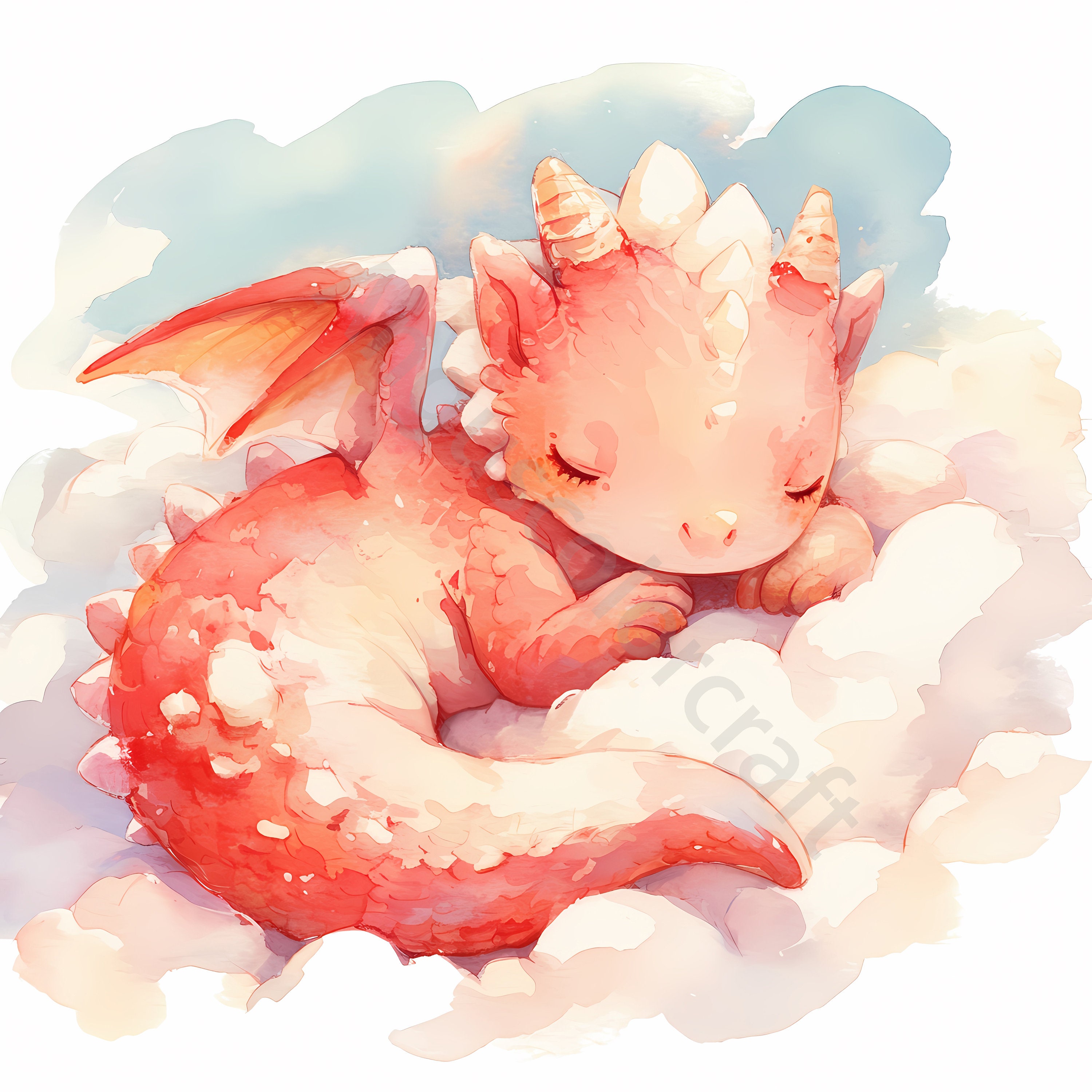 雲の上にいる赤ちゃんドラゴンのクリップアート15点、デジタル