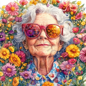 10 Quirky See flowers Old Lady Clipart, Commercial Use, Whimsical Ephemera, Watercolor JPGs, Instant Download, Fantasy Junk Journal, Craft