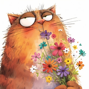 10 JPG Gato peculiar com flores Clip Art, Aquarela, Diário de lixo, Scrapbook, Criação de cartões, Download digital, Fantasia, Gatinho engraçado e caprichoso