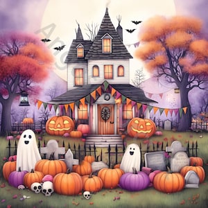 以下が含まれることがあります： オレンジと紫の旗で飾られた白い家の、不気味なハロウィーンのシーン。家は木製のドアとリースのあるポーチがあります。庭にはカボチャと幽霊がいて、空には満月があります。