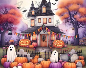 10 JPG Watercolor Haunted Houses Clipart, Spooky Haunted House, Creepy Tree, Graveyard, Bat Illustrations, Instant Download, Commercial Use