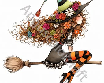 10 Quirky Witch Clip Art, Watercolor Clipart JPG, Junk Journal, Scrapbook, Card Making, Digital Download, Fantasy, Whimsical Halloween Girl