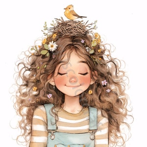 13 JPG eccentrica ragazza dai capelli disordinati con clipart di uccelli, uso commerciale, effimeri stravaganti, clipart acquerello, download istantaneo, creazione di carta