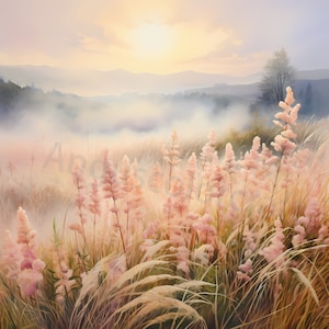 Landscape Clipart, 12 High Quality JPG Watercolor Misty Dawn Mountain Views, Wild sunset Clipart, Fields and Wildflowers, Commercial Use