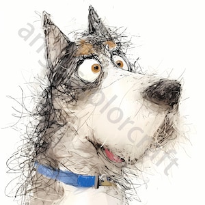 May include: A whimsical illustration of a dog with expressive eyes and a surprised expression. The dog has a blue collar and a black and white coat. The artwork is created with a sketchy, textured style, giving it a unique, artistic feel.