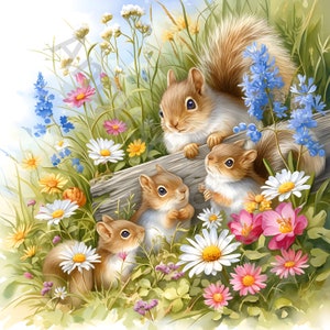 Meadow Mice Clip Art, Família de esquilos, 10 High Res Watercolor Clipart JPG, Junk Journaling, Scrapbooking, Criação de cartões, Kit de download digital