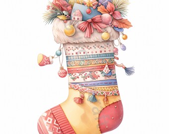 Könnte beinhalten: Ein bunter Weihnachtssocken mit einem weißen Bündchen und einer Vielzahl von Ornamenten und Dekorationen, darunter ein kleines Haus, ein Stern und eine Schleife. Der Socken ist mit einem bunten geometrischen Muster verziert.