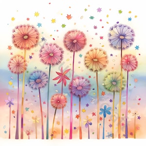 10 Dandelion Meadow Clip Art, Akwarela Clipart JPG, Junk Journaling, Scrapbook, Tworzenie kartek, Pobieranie cyfrowe, Fantazja, Fantastyczne kwiaty