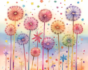10 Dandelion Meadow Clip Art, Watercolor Clipart JPG, Junk Journaling, Scrapbook, Card Making, Digital Download, Fantasy, Whimsical Flowers