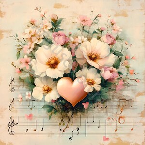 Peut inclure: Une illustration de style vintage d'un bouquet de fleurs blanches et roses avec un c&oelig;ur rose au centre. Les fleurs sont dispos&eacute;es sur une partition de musique avec des notes musicales.