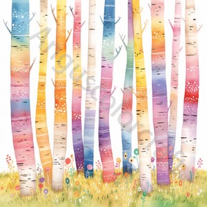 Pu&ograve; includere: Un dipinto ad acquerello di una foresta di betulle con strisce colorate. Gli alberi sono dipinti in tonalit&agrave; di rosa, blu, giallo, arancione e viola. Gli alberi sono circondati da un campo di erba verde e fiori selvatici.