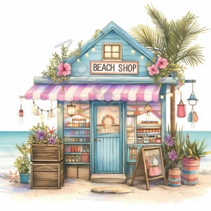 10 JPG Beach Shop Clip Art, Watercolor Clipart, Junk Journal, Scrapbook, Card Making, Digital Download, Fantasy, Whimsical Seaside Shop
