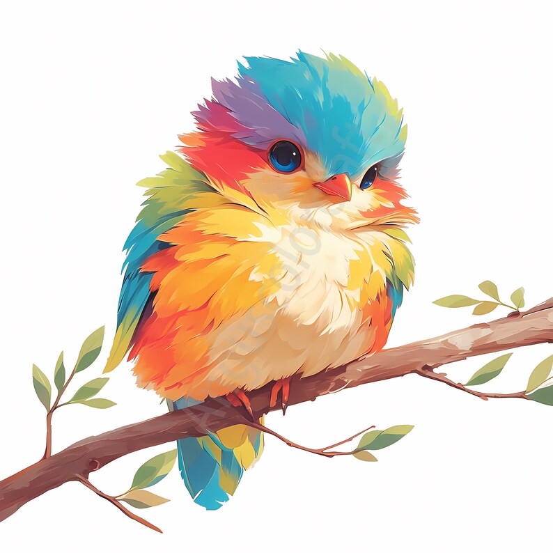May include: A colorful, fluffy bird with blue, green, yellow, and orange feathers perched on a branch. The bird has a small, round body and a short, pointed beak.