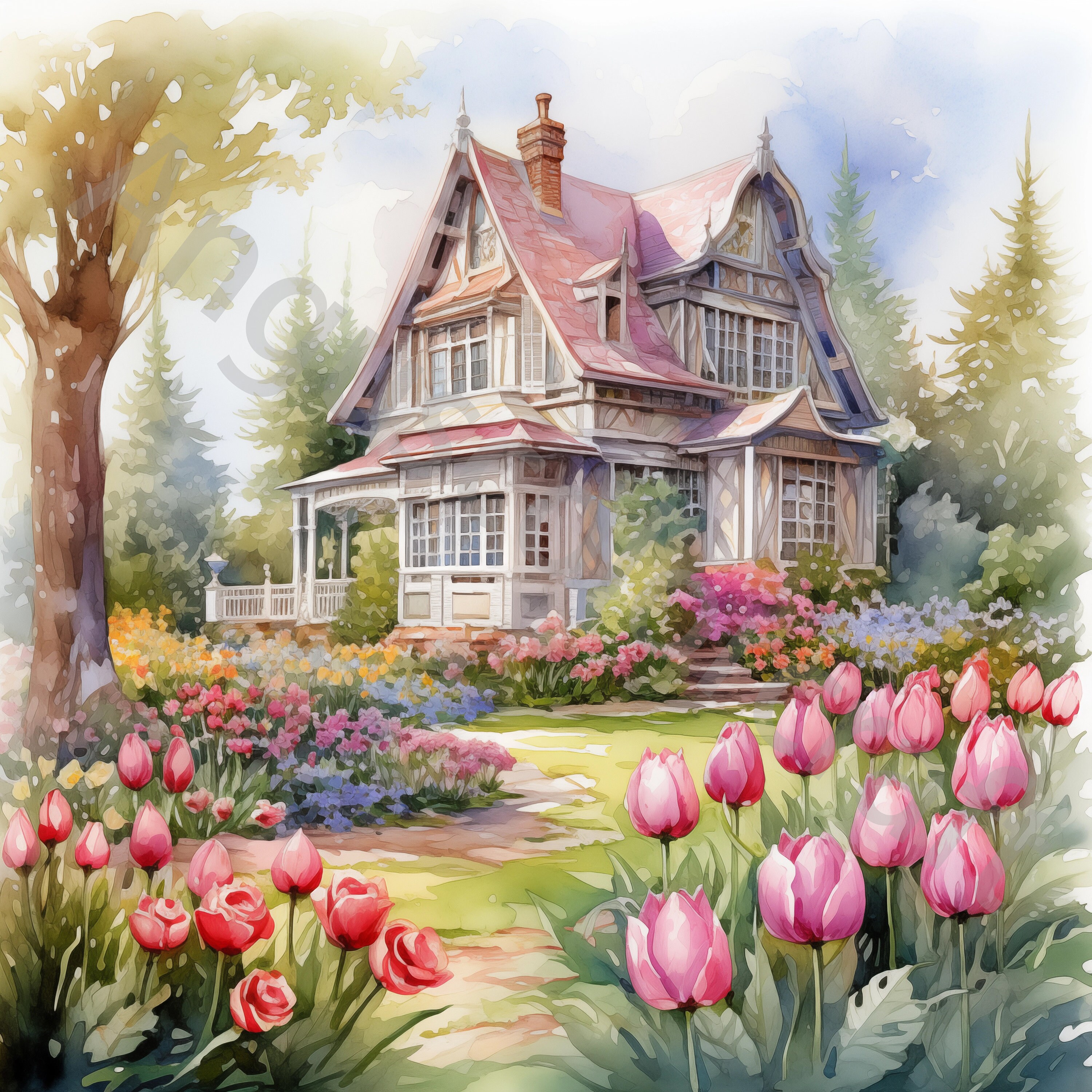 10 White Cottage in Spring Clipart Bundle Watercolor House Clip Art ...