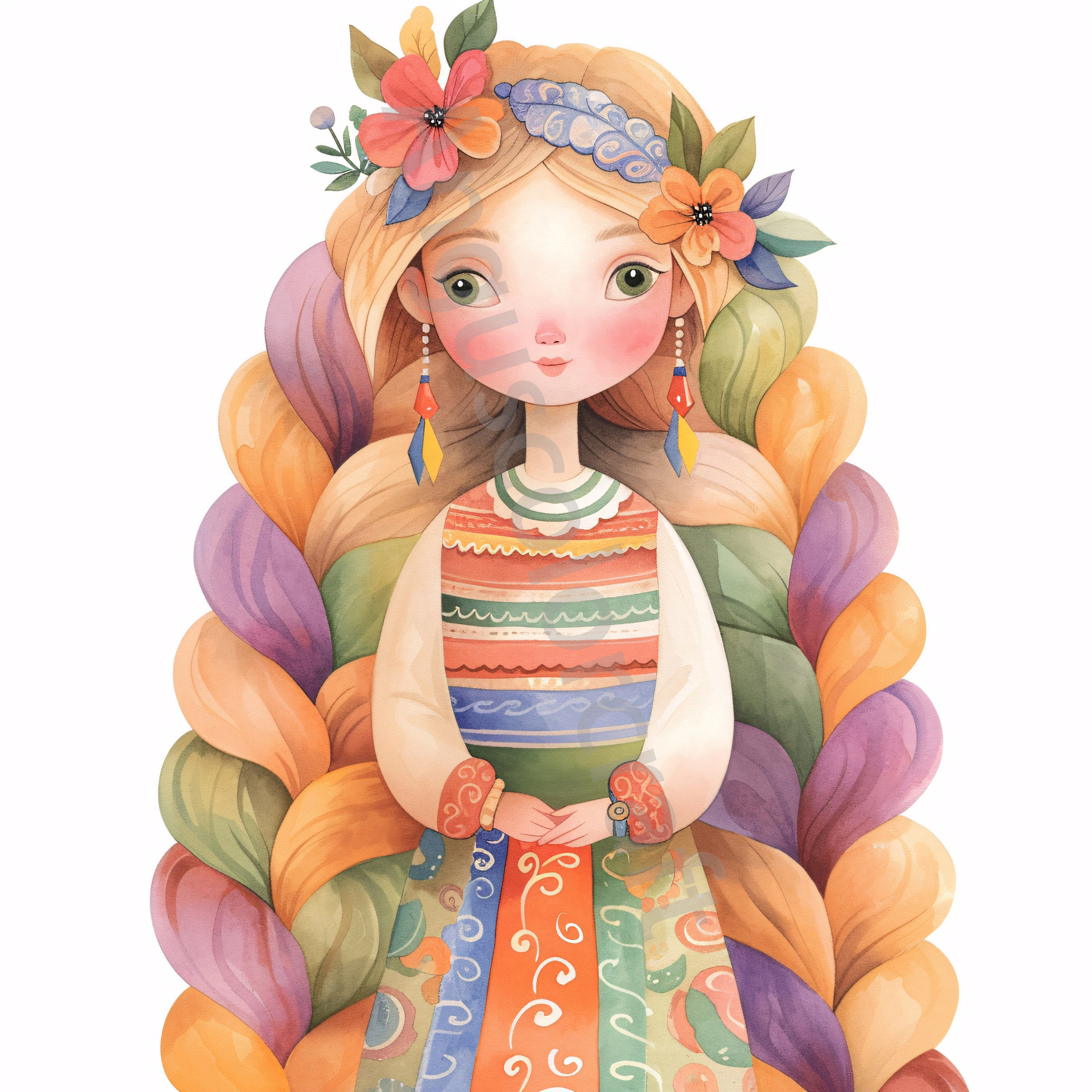 編み込みの女の子のクリップアート：気まぐれなボヘミアン風水彩画