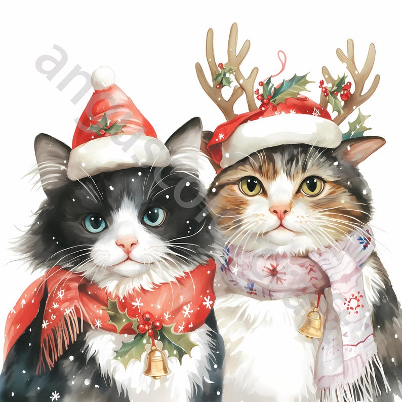 10 Jpgs Christmas Cats Clip Art, Watercolor Clipart, Digital Download ...