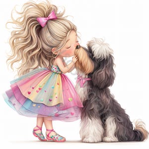 10 images clipart fille avec chiot JPG, garçon avec chiens en téléchargement numérique, cliparts aquarelle, imprimables, licence commerciale, animaux de compagnie lunatiques