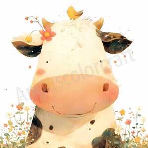 May include: A white and black spotted cow with a pink nose and a small yellow bird perched on its head. The cow is surrounded by a field of colorful flowers.