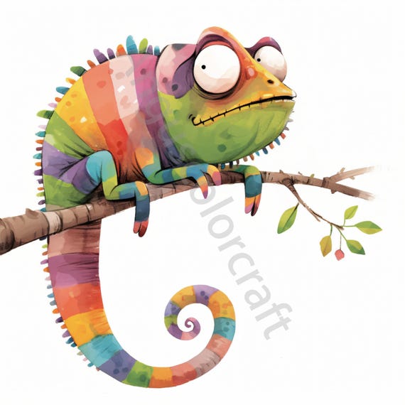10 Quiky Chameleon Clip Art, Vintage Watercolor Clipart JPG, Junk Journal, Scrapbook, Card Making, Digital Download Fantasy Whimsical Animal