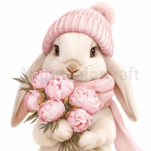 Cute Floral Bunny Clipart, clipart acquerello stampabile, 12 JPG di alta qualità, download digitale, coniglio fiore, artigianato di carta, diario spazzatura