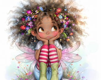 12 JPG Quirky Black Fairy Clipart, Commercial Use, Whimsical Ephemera, Watercolor Flower African Fairy Clipart, Instant Download Paper Craft