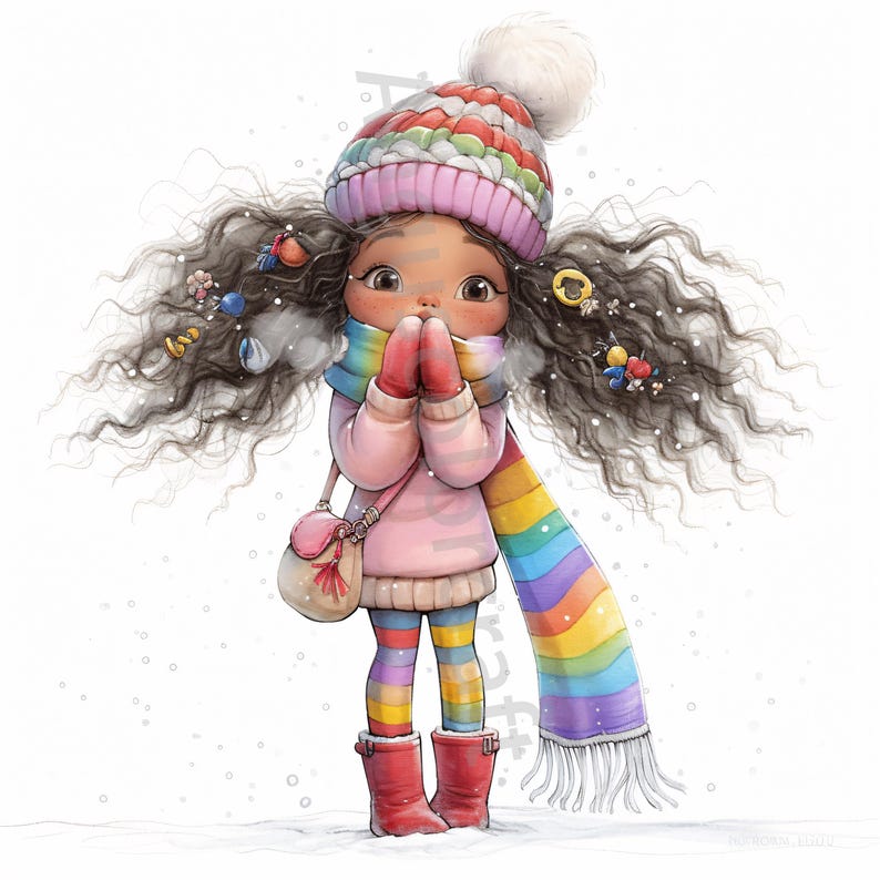 Pode incluir: Uma menina jovem com cabelo longo e encaracolado castanho usa um su&eacute;ter rosa, leggings listrados arco-&iacute;ris, uma echarpe arco-&iacute;ris e um chap&eacute;u de tric&ocirc; rosa e branco com um pompom branco. Ela est&aacute; usando luvas vermelhas e tem uma pequena bolsa marrom pendurada no ombro. Ela est&aacute; de p&eacute; na neve.