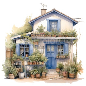 Clipart Vintage Blue Cottage, 16 JPG di alta qualità, creazione di cartoline, clipart acquerello casa, download digitale, arte digitale Scrapbook Wall Art