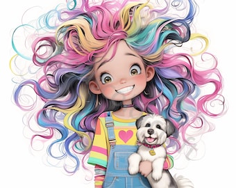13 JPGs Quirky Girl with Dog Clipart, Commercial Use, Whimsical Ephemera, Watercolor Girl with Puppy Clipart, Instant Download, Paper Craft