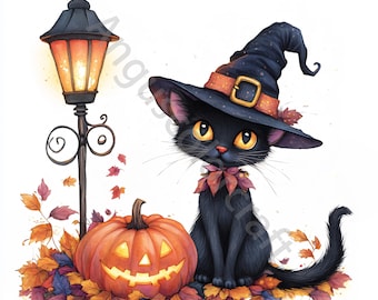 12 JPG Watercolor Halloween Black cat Clipart Bundle Cute Cat Clipart Halloween Cute Halloween Clipart Pumpkin Clipart Commercial Use Craft