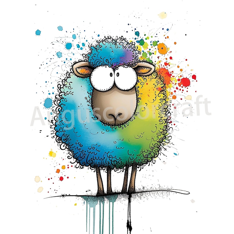 May include: A colorful cartoon sheep with a blue, green, and yellow wool coat. The sheep has large, white eyes and a brown nose. The background is white with colorful paint splatters.