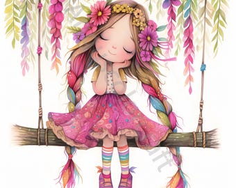 May include: A girl with long, colourful braids sits on a tree branch swing. She is wearing a pink dress with a floral pattern, colourful socks, and pink shoes. She has a flower crown in her hair and her eyes are closed.
