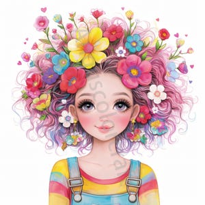 10 JPG Quirky Spring Girl Clip art, Watercolor Clip art, Junk Journaling, Scrapbook, Card Making, Digital Download Fantasy, Whimsical Flower