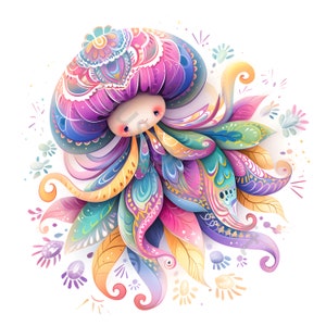 May include: A colorful, whimsical illustration of a creature with a large, ornate head and flowing, patterned tentacles. The creature is depicted in shades of pink, purple, blue, green, and yellow, with intricate details throughout.