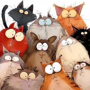 10 foto van katten illustraties aquarel clipart jpg's, ongewenste dagboek, plakboek, kaarten maken, digitale downloadkit, grappige cartoon katje uitgeput