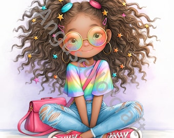 10 JPG Quirky Black Girl Clip Art, Watercolor Clipart, Junk Journal, Scrapbook, Card Making, Digital Download Fantasy Whimsical African Girl