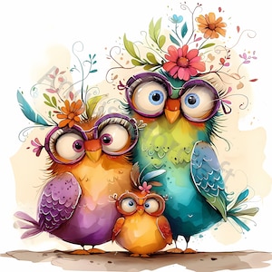 12 cliparts d'oiseaux de la famille illustrations d'oiseaux lunatiques sur fil Sublimation clipart graphiques fantaisistes allongés Cadeau pour maman et papa