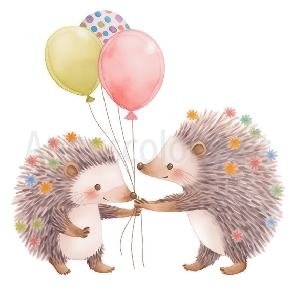 ハリネズミと風船のイラスト 手描きアート 水彩画風ハリネズミの風船クリップアート、子供向けイラスト（JPG画像