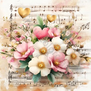 Peut inclure: Une peinture &agrave; l'aquarelle d'un bouquet de fleurs roses et blanches avec des c&oelig;urs dor&eacute;s sur une feuille de musique.